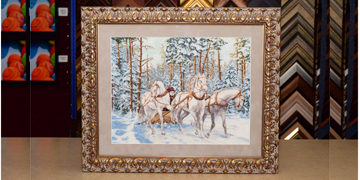 Needlework With Mat Framed With Traditional Gold Frame